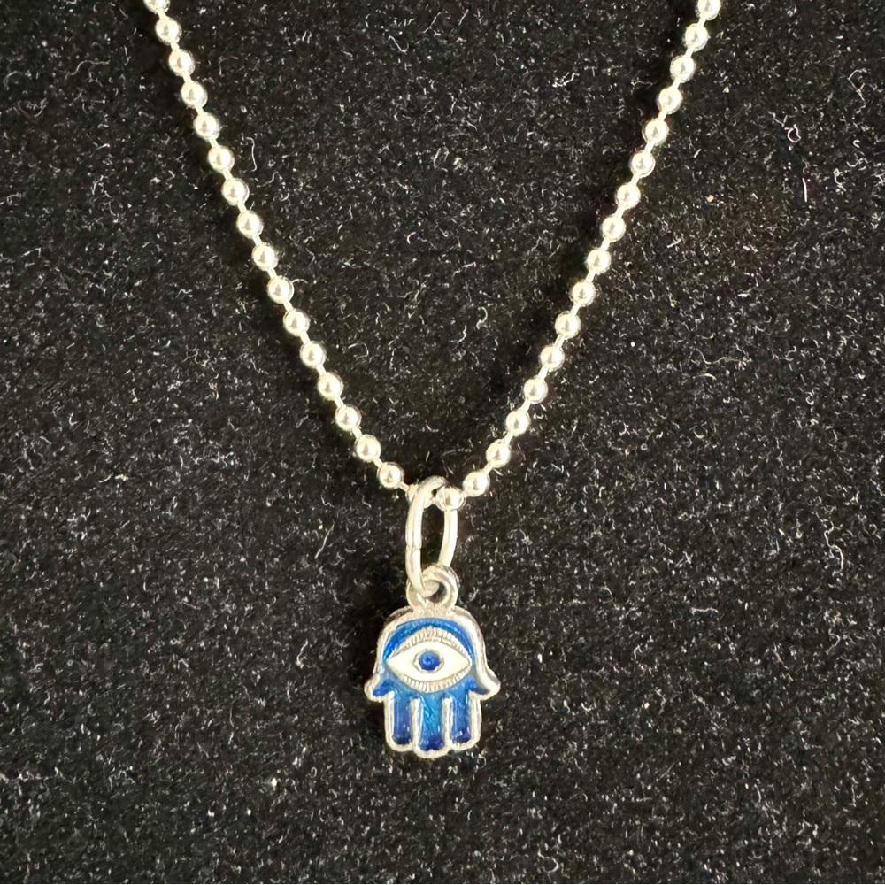Pretty Blue Hamsa Pendant Necklace on Silver Tone 24” Ball Chain